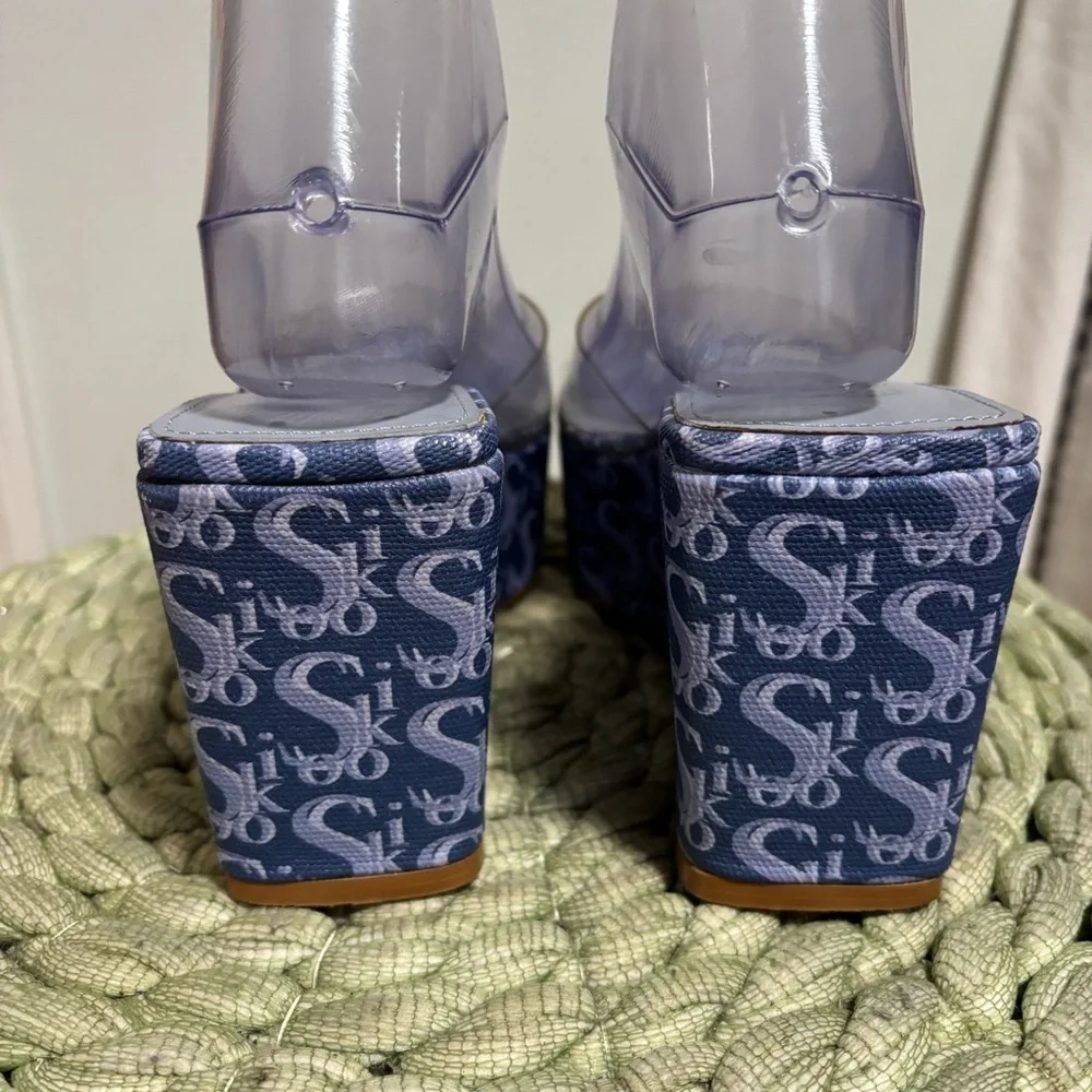 Sooki La La The Rocky La La Clear Slip On Blue Logo Platform Wedge Sandals